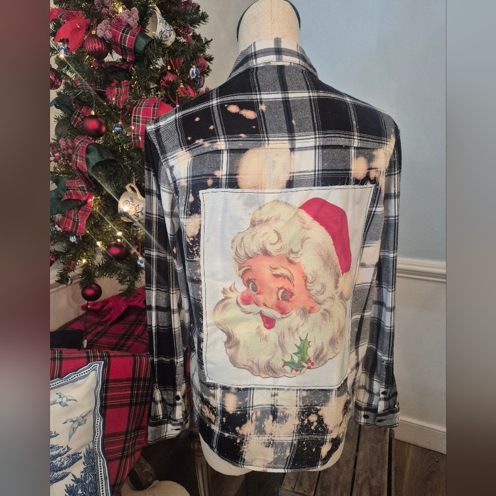 Upcycled Flannel- Vintage Santa Back Patch